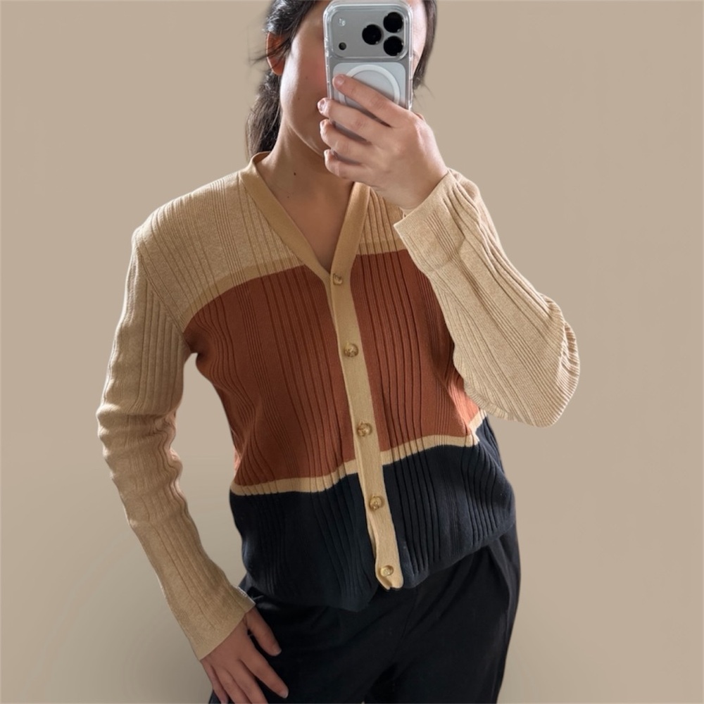 Button Down Sweater Beige, Brown, Black V-Neck Cardigan 100% Cotton Sz M